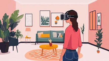 Woman using VR headset in living room.