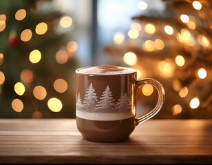 Fototapeta premium Generated image A hot chocolate mug with a Christmas tree in the background, lights twinkling