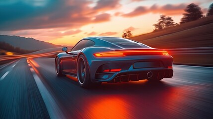 Sleek sports car driving at high speed on a scenic highway during sunset