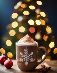 Generated image A hot chocolate mug with a Christmas tree in the background, lights twinkling