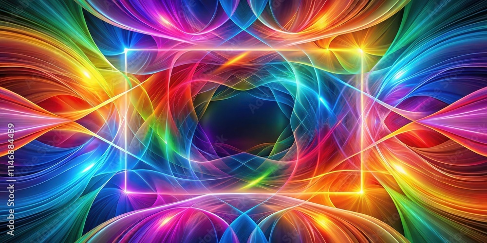 Poster a luminous abstract frame composed of vibrant rainbow colored light streaks, a luminous square shape