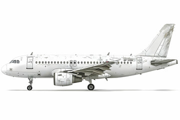 Side view of a white commercial airplane, showcasing its design and structure.
