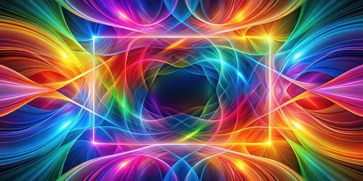 A luminous abstract frame composed of vibrant rainbow colored light streaks, a luminous square shape within the swirling waves, and a dark center