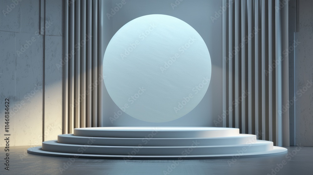 Poster a minimalist modern stage with a circular backdrop and steps, illuminated by soft lighting, perfect 