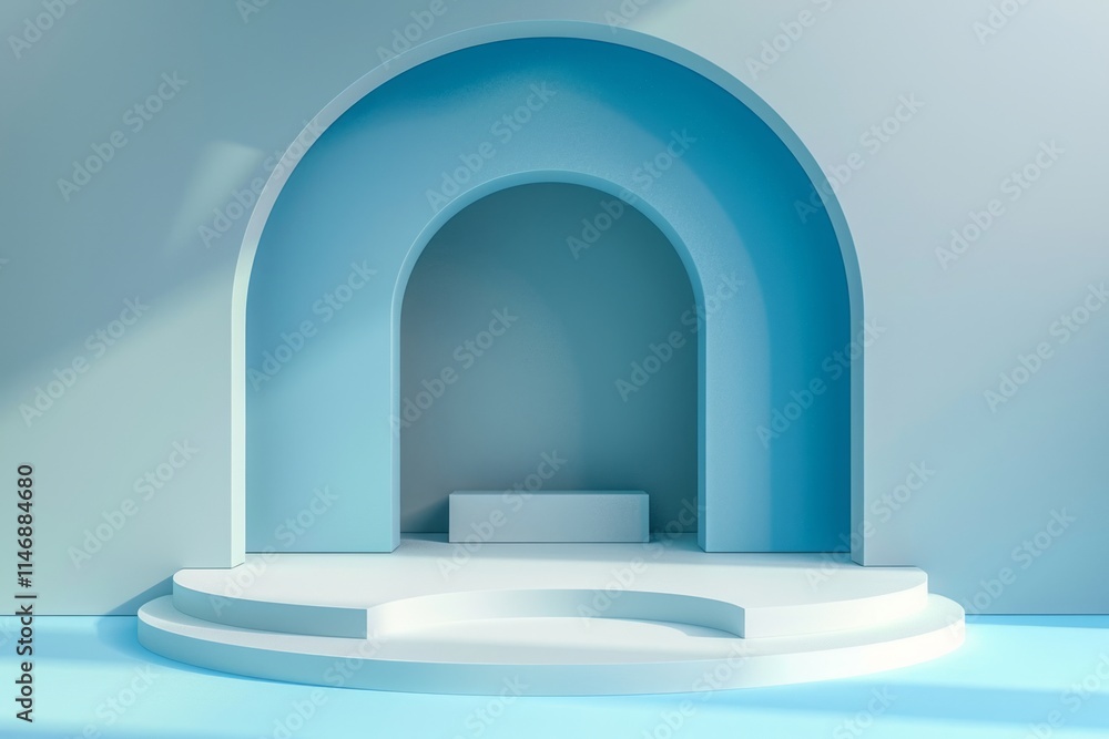 Poster a minimalist blue and white abstract architectural background featuring an arch and steps, illuminat