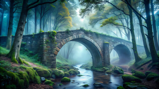 Eerie stone bridge with gothic arches fading into dense fog in a mysterious dark forest landscape