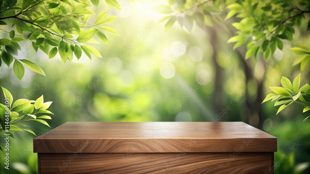Poster wooden tabletop displayed against a lush green forest background with sunbeams filtering through the