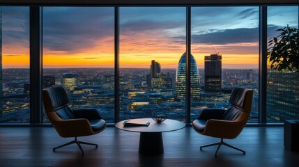 A modern office space with a stunning city skyline view at sunset.