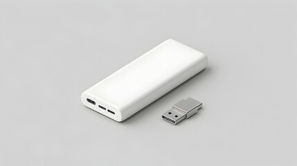 A white portable power bank beside a USB flash drive on a light gray background.