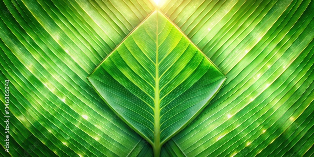 Aufkleber a symmetrical arrangement of banana leaves with vibrant green hues, illuminated by a soft glow, crea