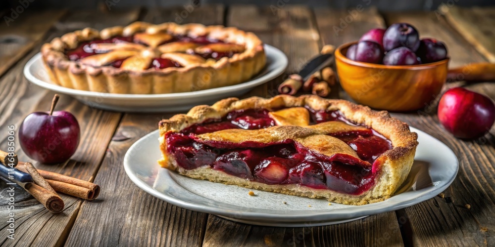 Poster A slice of homemade plum pie with a flaky crust on a white plate with a whole pie in the background, plums in a bowl, and cinnamon sticks on a rustic wooden table.