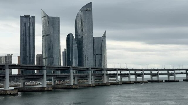 Urban view of skyscrapers of Marine City, traffic on Gwangandaegyo Bridge, Haeundae-gu, Busan, South Korea