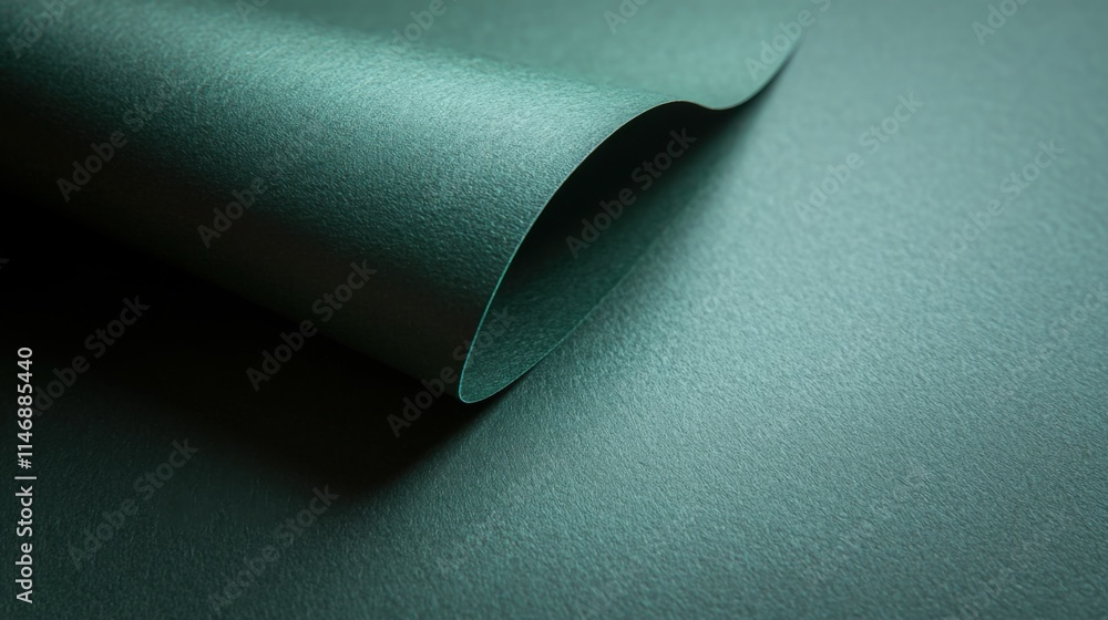 Poster close-up view of a slightly curled sheet of dark green textured paper with a soft finish, ideal for 