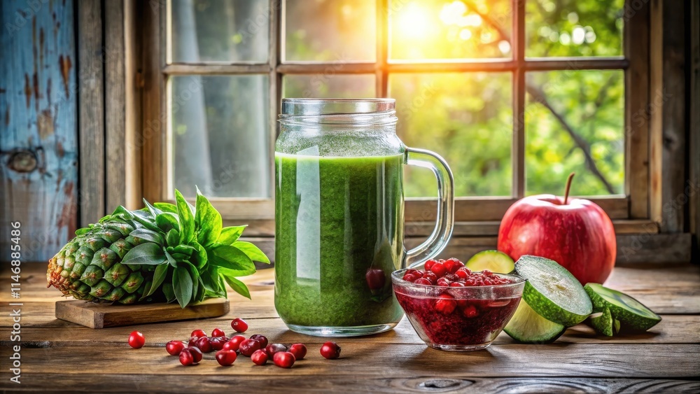 Poster a refreshing green smoothie with a colorful assortment of fruits, a perfect combination of taste and