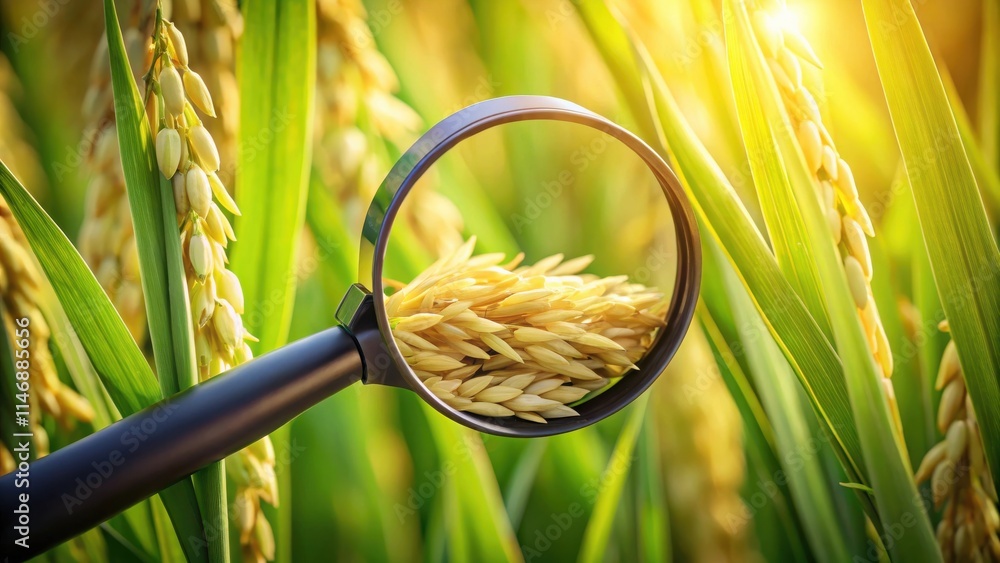 Poster a magnifying glass focuses on a single stalk of golden grain in a field of ripening crops