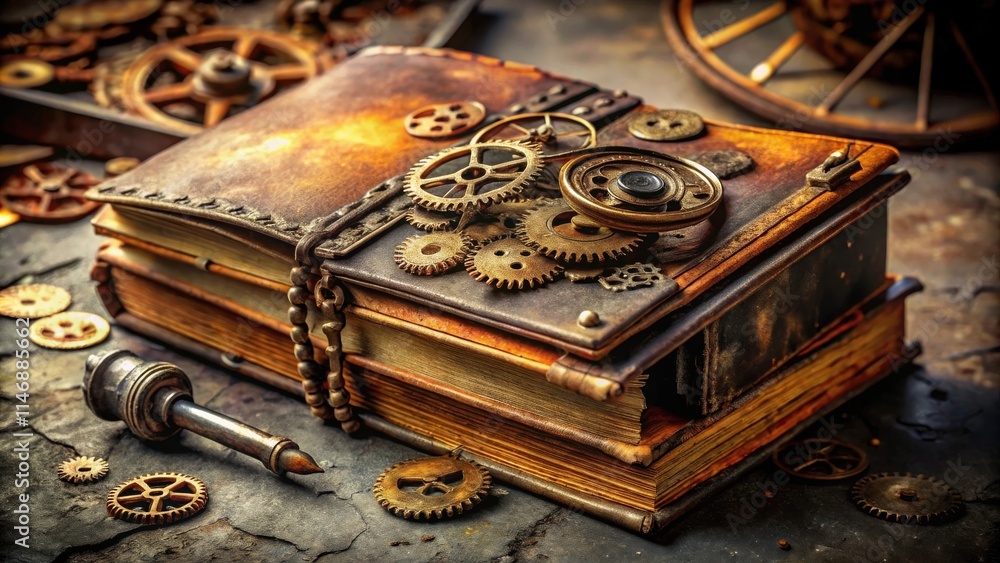 Aufkleber a worn leather bound book decorated with intricate cogs and gears, a symbol of time and technology