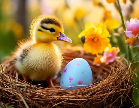 Flauschiges Entenk&uuml;ken mit Osterei im Strohnest &ndash; Perfektes Osterbild