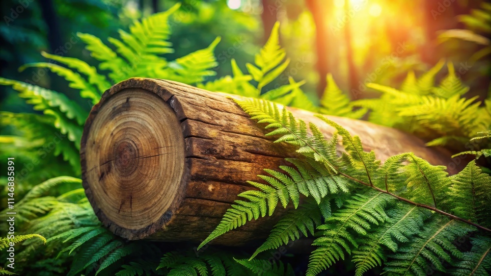 Poster A sun-drenched forest floor, where the vibrant green of ferns and the weathered texture of a fallen log intertwine, creating a serene and captivating scene.