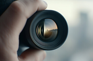 Close-up of a camera lens with a detective’s hand adjusting the focus during surveillance