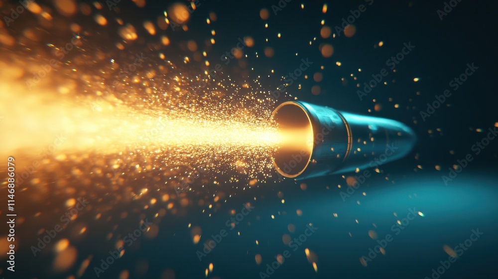 Poster dynamic close-up view of a vivid bullet projectile shooting through dark space, leaving a trail of g