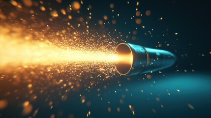 Dynamic close-up view of a vivid bullet projectile shooting through dark space, leaving a trail of glowing particles and sparks in its wake, symbolizing speed and motion.