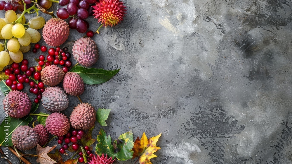Poster copy space adorned with a close-up of ripe lychee fruits and grapes, inviting viewers to indulge in 