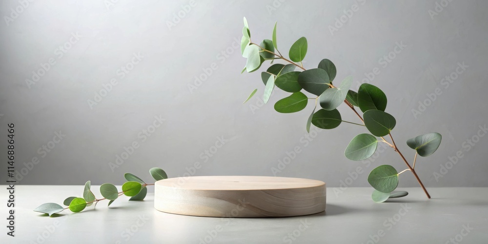 Poster Minimalist product display featuring a circular wooden podium surrounded by eucalyptus branches on a light gray background.