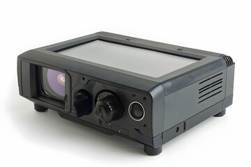 Obraz premium A compact projector with lens and adjustment knobs for image display and focus.