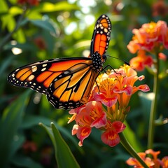 Obraz premium Monarch flits, sips nectar, on milkweed blooms.