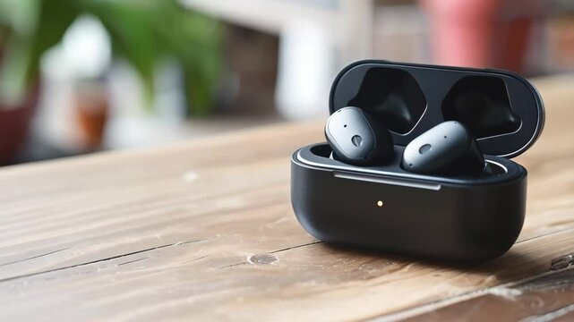 Black wireless in ear headphones in case on the table