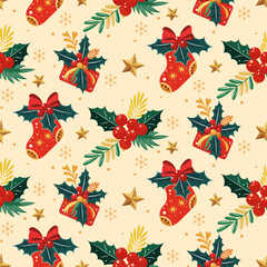 Christmas pattern with socks, christmas flowers snowflakes, gifts on a yellow background. Seamless background perfect for use in textiles, wallpapers, and festive decorations.