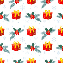 Christmas pattern with christmas flowers, snowflakes, gifts on a light background. Seamless background perfect for use in textiles, wallpapers, and festive decorations.