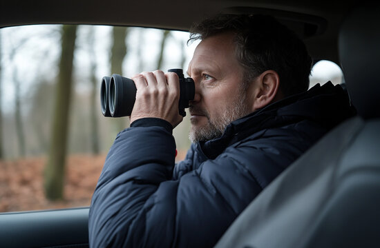 A detective sitting in a car with tinted windows, using binoculars to observe a target.