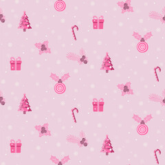 Christmas pattern with christmas tree, flowers, snowflakes, gifts on a pink background. Seamless background perfect for use in textiles, wallpapers, and festive decorations.