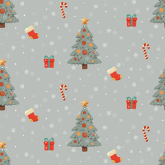 Christmas pattern with christmas pattern, sweets, snowflakes, gifts, sock on a green background. Seamless background perfect for use in textiles, wallpapers, and festive decorations.