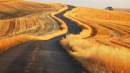 Fototapeta premium Copy space with a view of a winding road through golden fields of wheat on a road trip