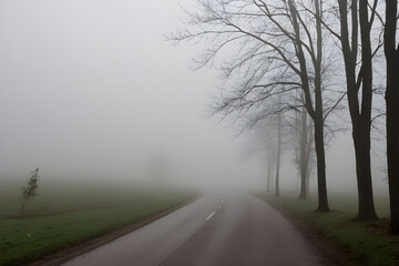 Fototapeta premium Empty asphalt road disappearing into the fog on a gloomy day