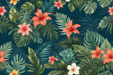 Tropical flowers and palm leaves creating a lush seamless pattern