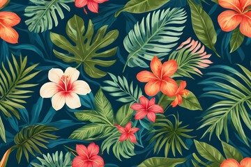 Tropical flowers and palm leaves creating exotic jungle pattern