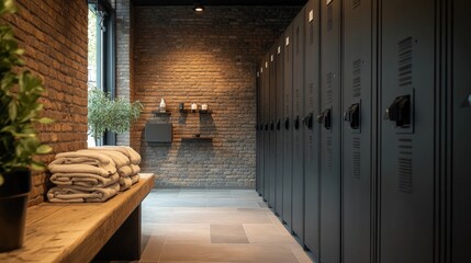 Modern gym locker room with neat folded towels