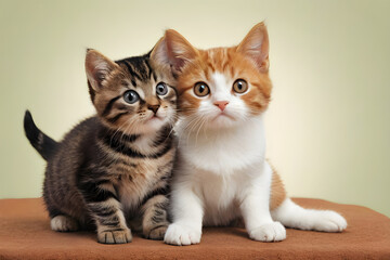 Obraz premium Two kittens sitting and staring on a brown surface