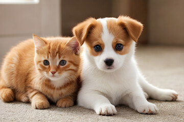 Fototapeta premium Adorable puppy and kitten relaxing together on carpet