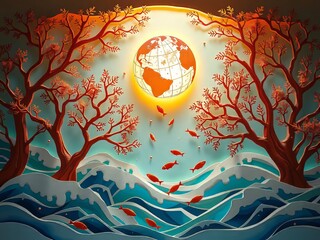 Ocean-themed paper cut trees, fish, globe, architecture, and AI art photography.