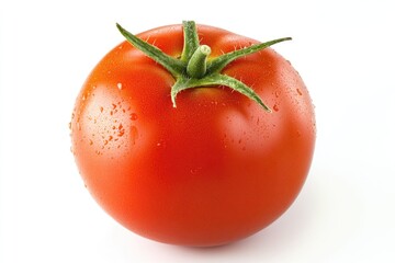 A perfectly ripe red tomato with a green stem, isolated on a white background