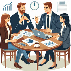 Partners meeting for business discussion with documents and laptop on desk. Couple at round table, speaking, discussing work, partnership. Flat vector illustration isolated on white background
