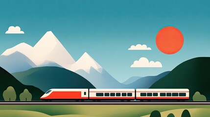 Scenic Train Journey Through Mountains and Sunsets