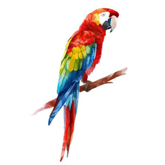 A watercolor vector of a brightly colored parrot perched on a branch, isolated on a white background. Parrot branch vector.
