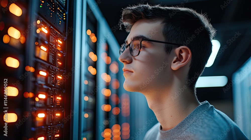Poster young man working in data center with server technology