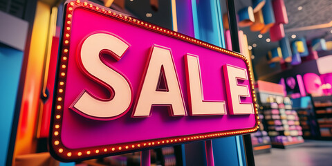 Colorful banner "Sale" in large shopping mall