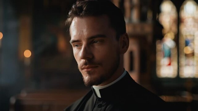 Man catholic priest in black clothes in dark church
